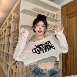【自家工厂现货】涂鸦白色长袖T恤女薄款防晒罩衫宽松短款上衣