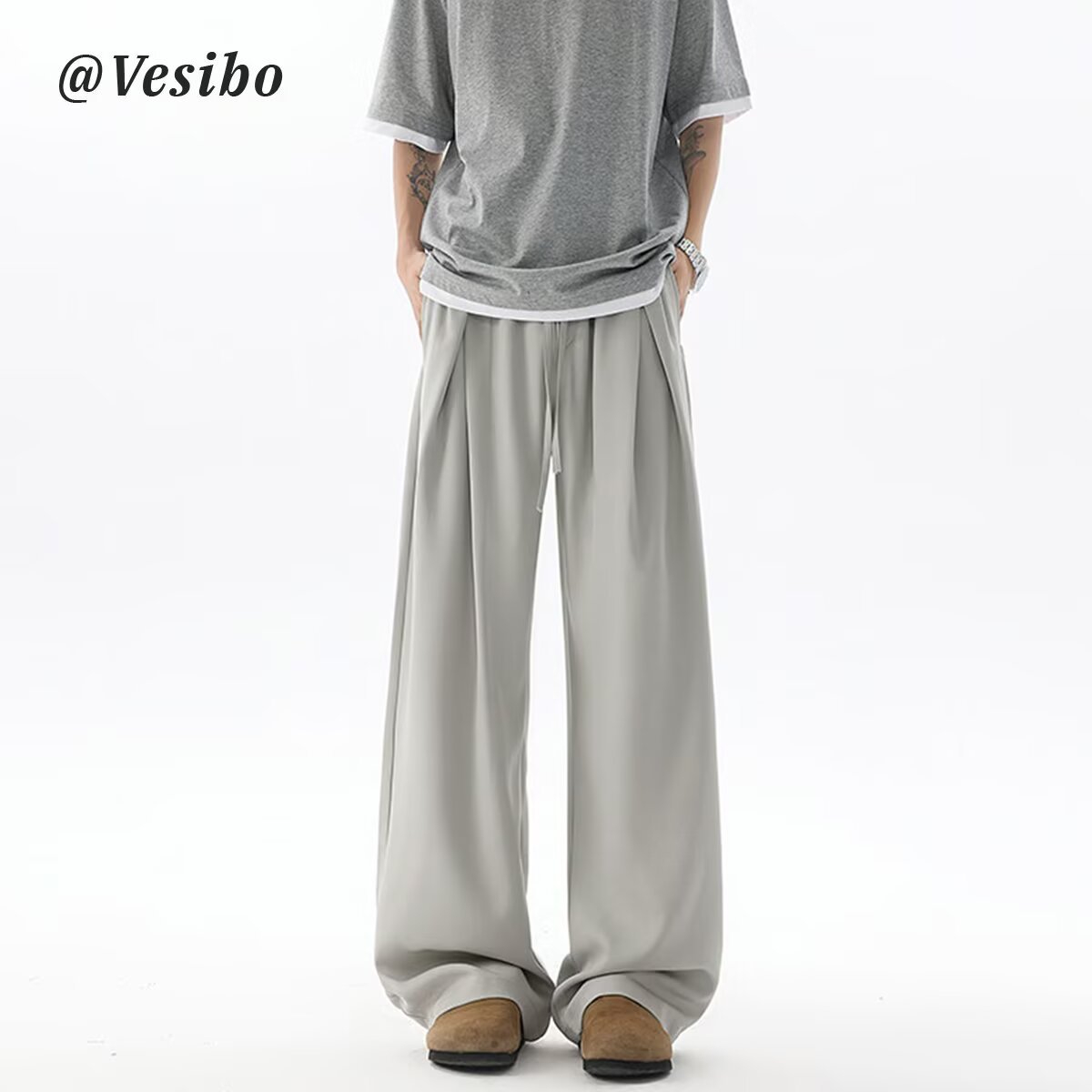 American-Style Pleated Design Ice Silk Wide-Leg Dress Pants for Men, Summer Loose Drape Casual Pants, Simple Versatile Long Pants