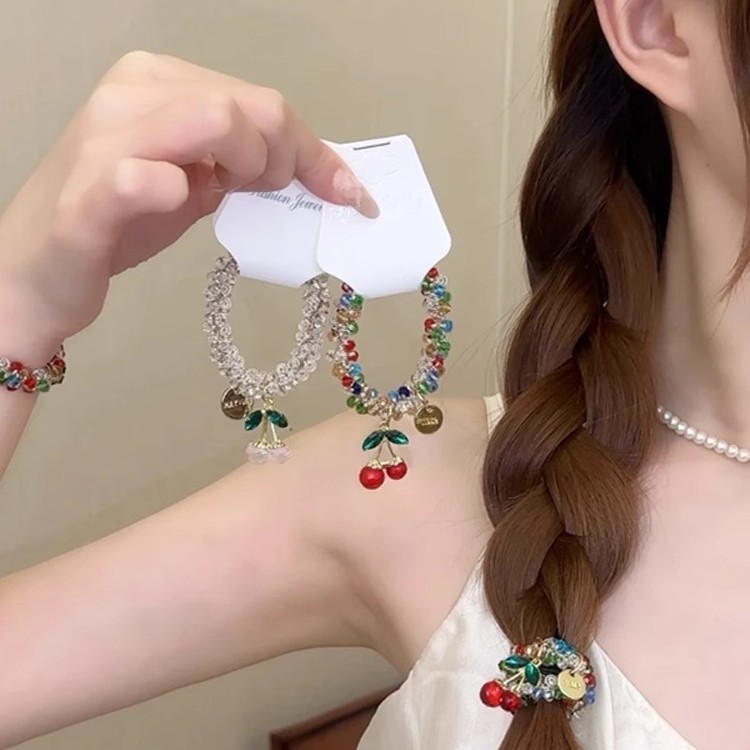 髪の輪のひもの女性韓国の高級感の卸売りの高弾力の新型のさくらんぼのブレスレットの両用の水ドリルの皮の筋|undefined