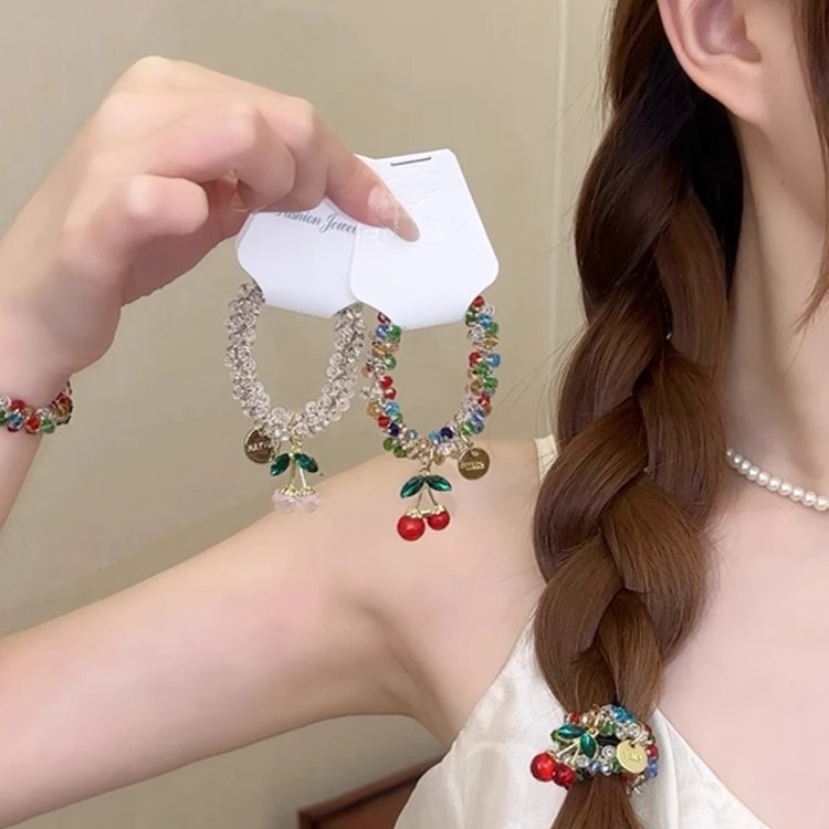 扎头发发圈头绳女韩国高级感批发高弹力新款樱桃手链两用水钻皮筋