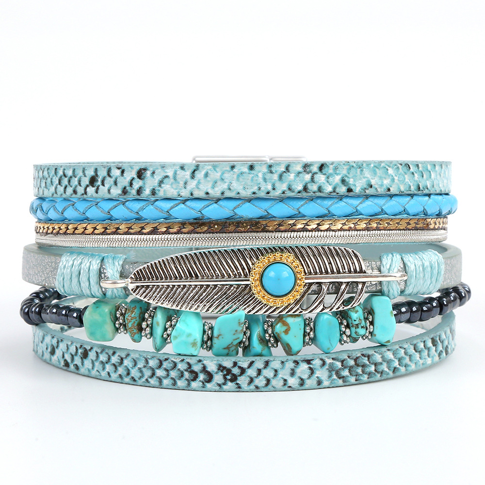 Leather Beaded Bracelet With Boho Feather And Turquoise Charm_voghion.com