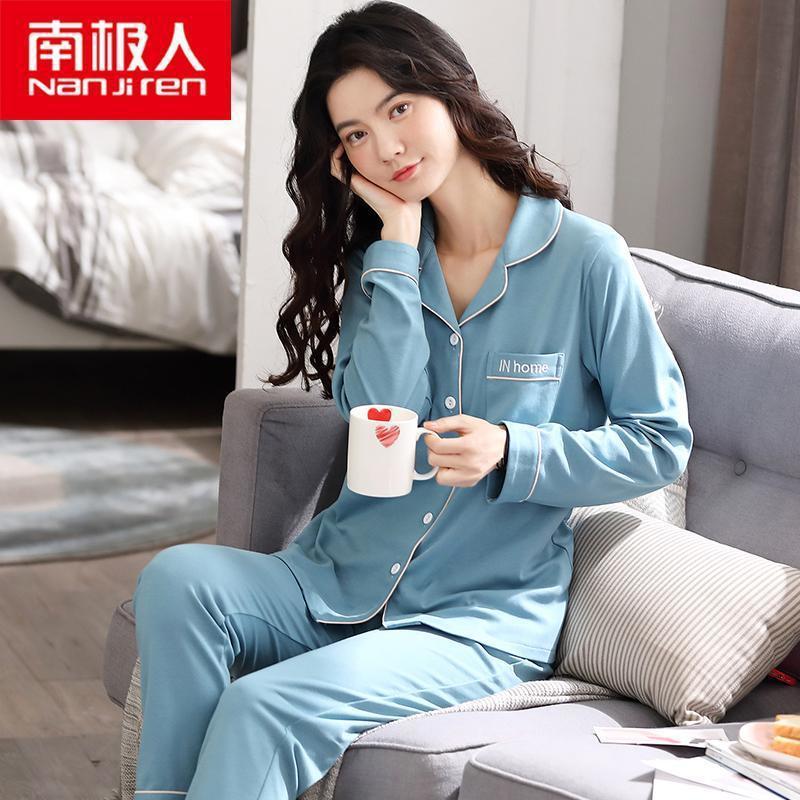 Otoño simple nuevos pantalones de manga larga más el tamaño de las mujeres pijamas 100% algodón traje de desgaste para el hogar