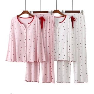 春秋秋冬带胸垫莫代尔家居服套装女春秋季可外穿免穿文胸开衫睡衣