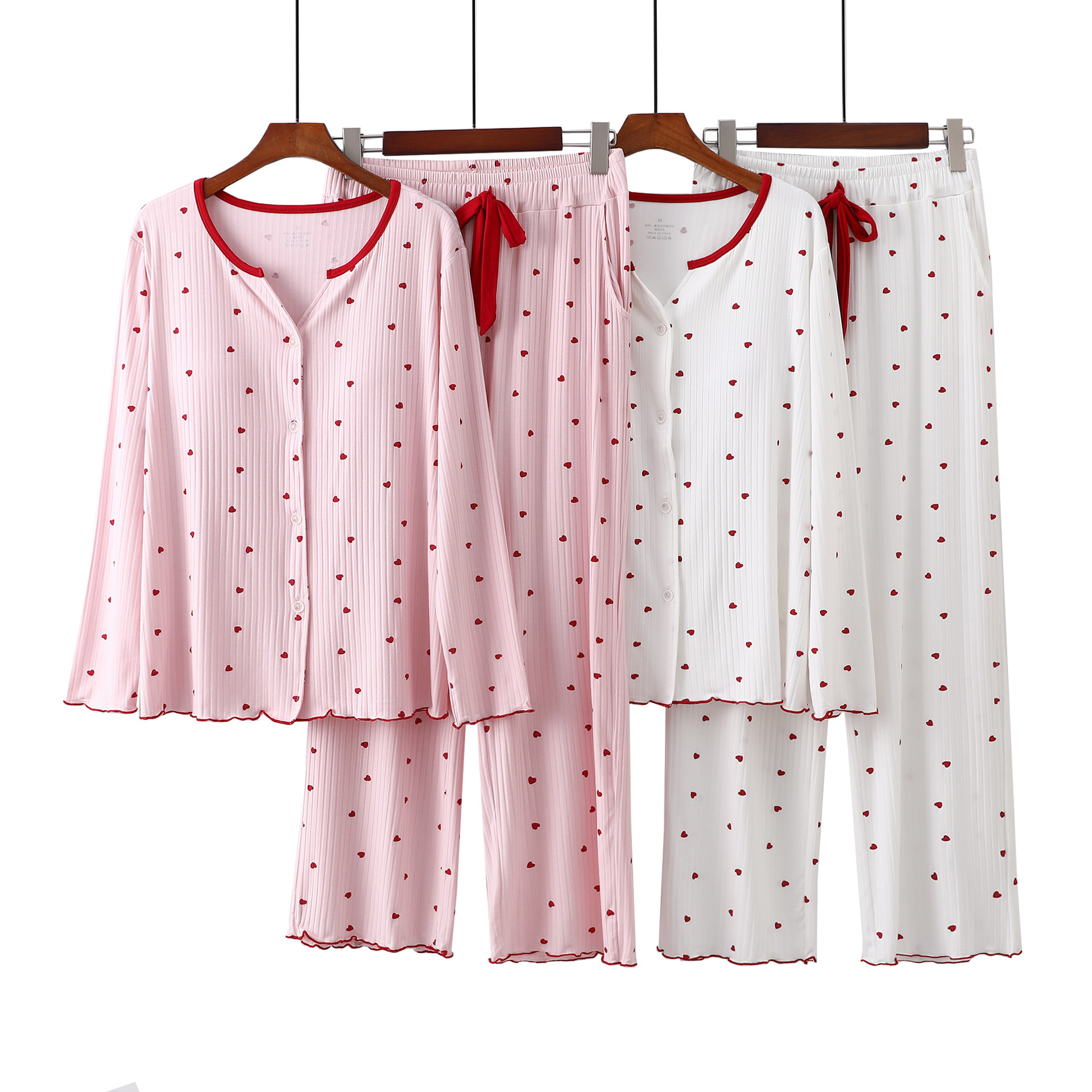 Spring, Autumn, Autumn and Winter Modal Home Wear Set with Breast Pads for Women, Spring and Autumn Wearable Bra-Free Cardigan Pajamas