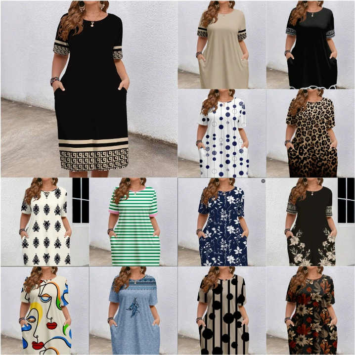 Европейская и американская трансграничная женская одежда 2025, летнее новое стильное удобное модное элегантное платье с короткими рукавами контрастного цвета с круглым вырезом и карманами