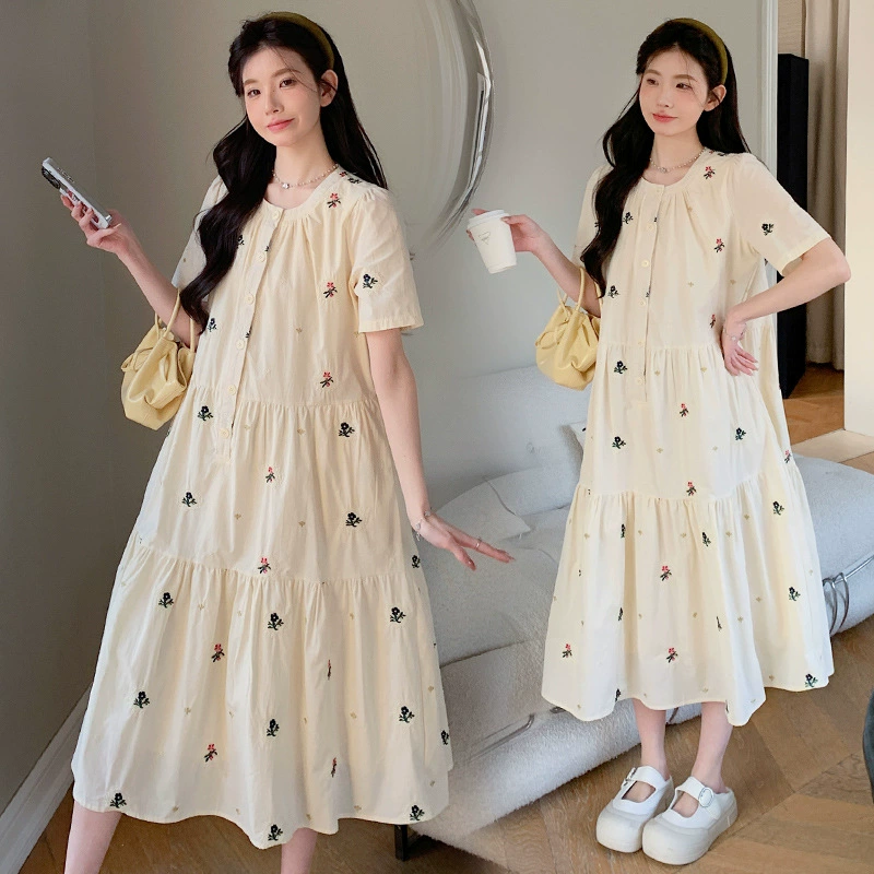 2025 Летний дизайн Чувство вышивки цветочные длинные платья для беременных с короткими рукавами