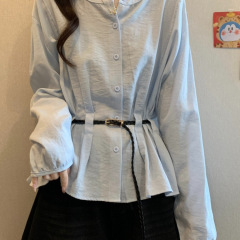 法式蓝色长袖衬衫大码女装2025秋装新款胖mm漂亮收腰遮肚上衣