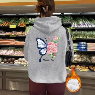 跨境春秋女士落肩袖加绒卫衣Butterfly印花舒适宽松休闲连帽衫现