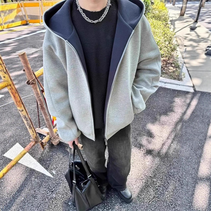 Heavy Weightweight Stiff Double Zipper Cardigan Sweatshirt for Men 2025 Autumn and Winter American High Street High-End Silhouette Hooded Jacket