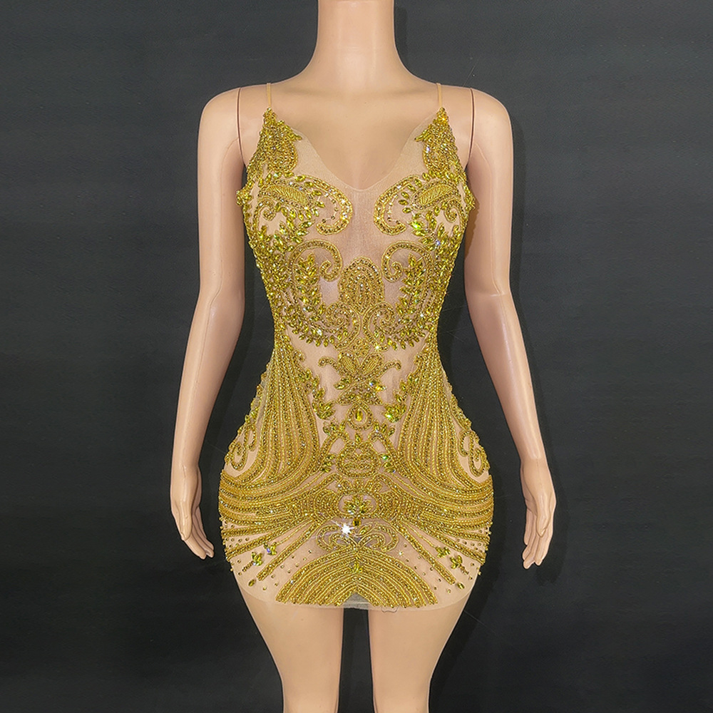 Cross-border Hot Rhinestone Mesh Lace Tight Miniskirt dress Miniskirt Female Singer Evening Dress Performance Clothes