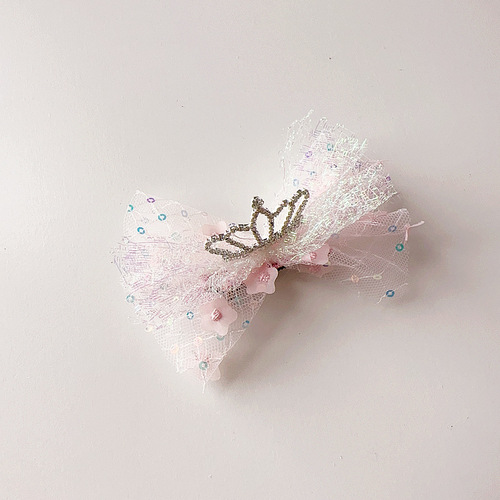 New princess style super fairy pink color children's floating point pearl crown bow pressure clip BB clip hair accessories