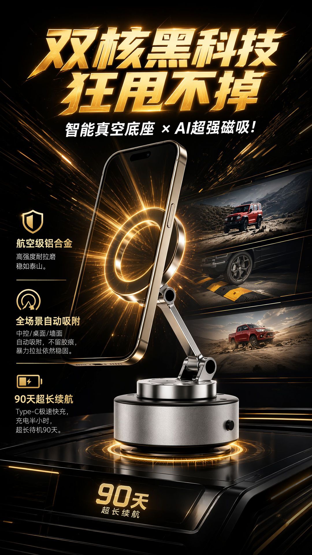 Vacuum electric suction new car phone holder, 360-degree rotating aluminum alloy magnetic car phone mount
