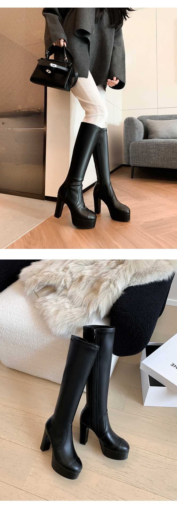 Boot nữ cổ cao ôm bắp chân gót 11cm đế platform mũi tròn — Quả mơ ống nhỏ đơn li, Lớp lót nhung lớn màu đen, Lớp lót nhung ống nhỏ màu mơ, Ống nhỏ màu đen đơn li chi tiết 15