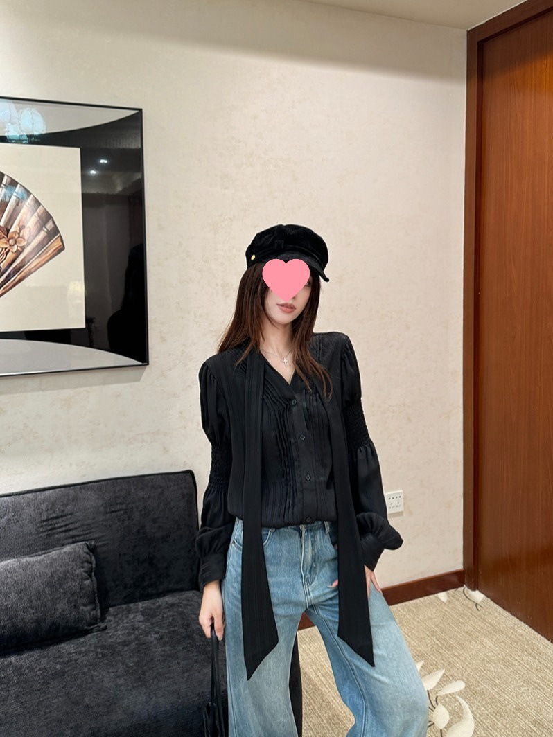 French Style Chic Ribbon Long-Sleeved Shirt Women's Design Niche Autum Chic Shirt Black V Neck Top