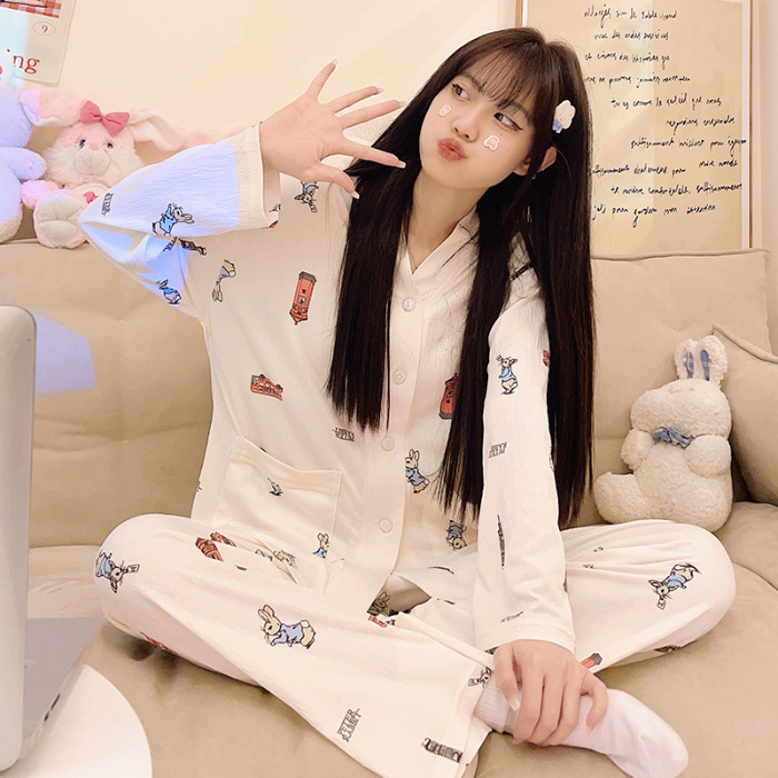 Sweet Girl pijamas mujeres de punto algodón ruffle Otoño Invierno manga larga pantalones y cuello cardigan inicio desgaste traje casual