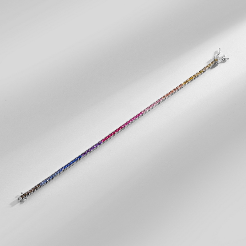 Pulsera de circonio de color hip-hop de estilo europeo y americano transfronterizo S925 con incrustaciones de plata arco iris tesoro de color cadena de tenis cuadrada tendencia de lujo simple y ligera