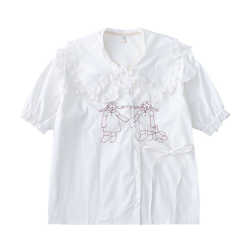 Vitality Girl Double-Layer Lace Doll Collar Puppet Embroider Design Tailoring Short-Sleeved Shirt Doll Shirt Female Niche