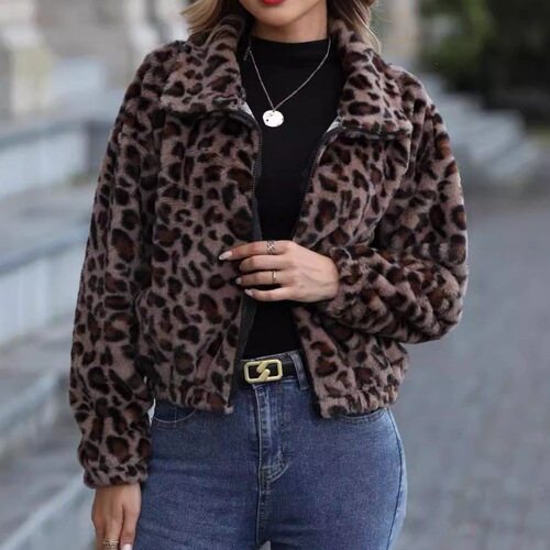 Flash velvet 2026 cross-border women's clothing Amazon Europe and America autumn and winter new loose zipper long-sleeved leopard print plush coat
