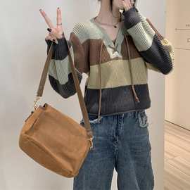 春秋新款v领撞色条纹针织衫套头学院风高级感系带毛衣女外套上衣
