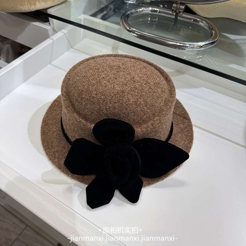 日系立体玫瑰花折边渔夫帽子女秋冬羊毛呢礼帽凹顶毡帽百搭盆帽|undefined