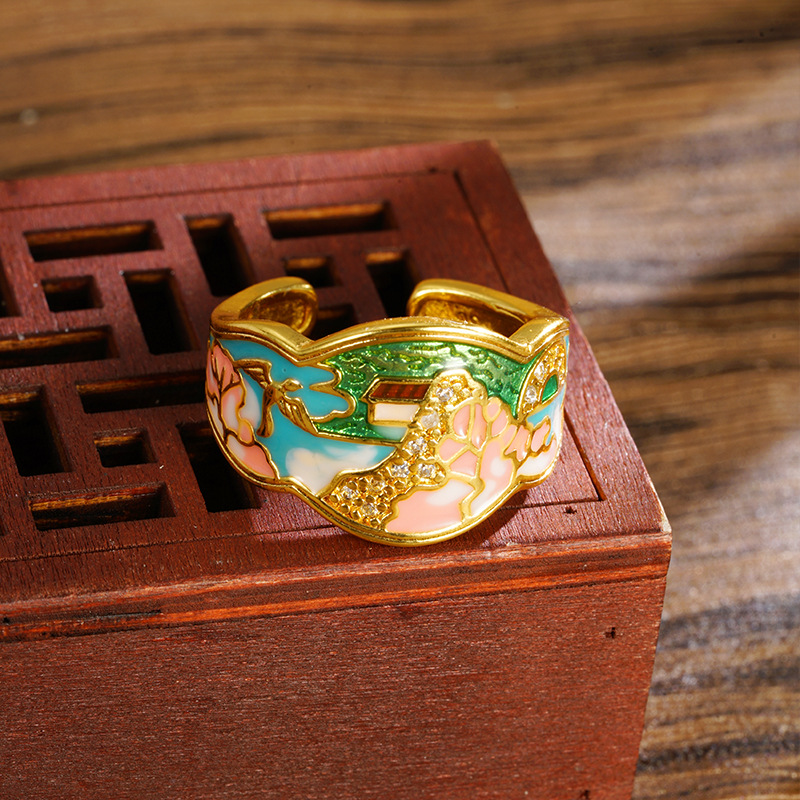Anillo de oro de arena heredado esmalte goteo de aceite verde montaña verde agua bronce para hombres y mujeres joyas de mano chapadas en oro accesorios Yiwu al por mayor