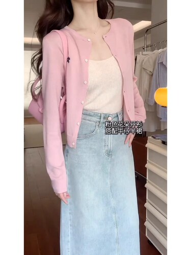 6586 Pink Floral Sheer Knit Cardigan Summer Thin Model Sun Protection Jacket Shawl Cover Top Women