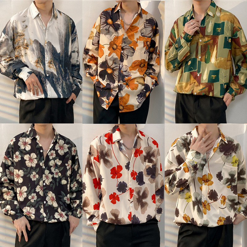Hong Kong Style Vintage Vitage Shirt Flower Men's and Women's Hawaiian Plankton Handsome Loose Couple's Long Sleeve Shirt Jacket Trendy Brand