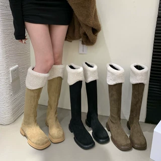 厚底不过膝长靴女靴2025年新款秋冬季加绒高筒圆头粗跟绒面骑士靴