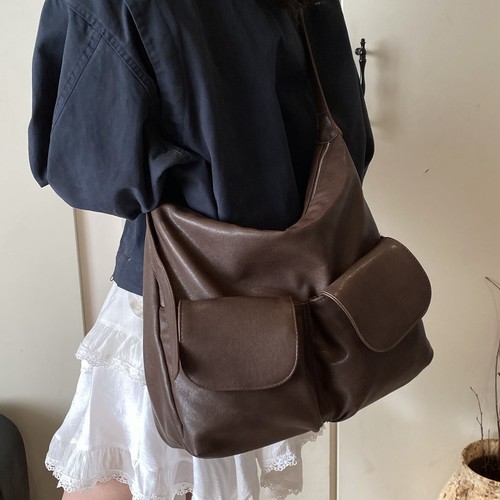 New Korean style homemade double pocket lazy soft leather one-shoulder crossbody bag casual and versatile tote bag
