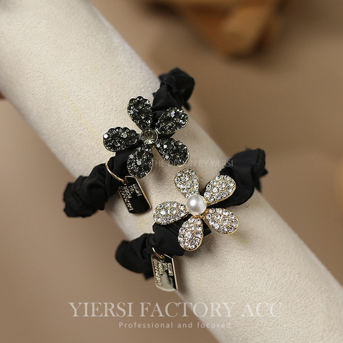 French satin small intestine flower water drill pearl hair tie, Instagram Korean-style influencer, simple ponytail, alloy headband, cute
