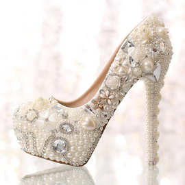 珍珠水钻结婚鞋防水台白色新娘水晶鞋跟新娘单鞋14cm女鞋