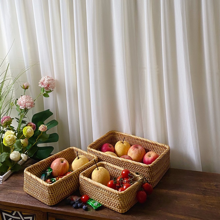 Vietnam otoño cesta de mimbre cesta de almacenamiento fruta pan azul tejido merienda rectangular hogar cesta de escritorio japonés