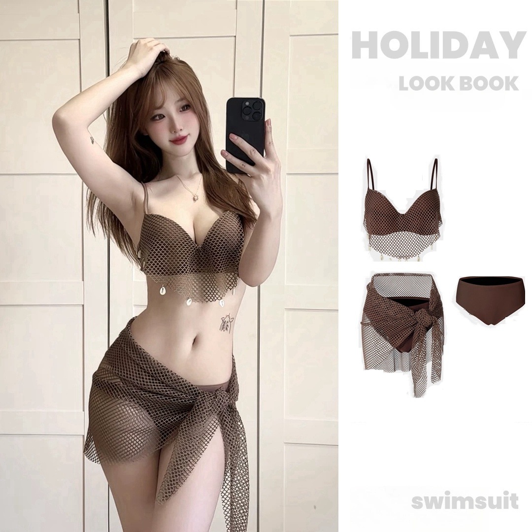 2025 Cross-border Bikini Amazon Split Sexy AliExpress European and American Swimsuits Cross-border Three-piece Solid Color Cloak