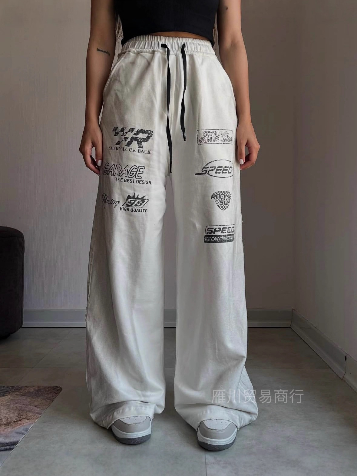 Europa y Estados Unidos transfronterizos retro estampados casuales pantalones deportivos tendencia de moda de cintura alta suelta pantalones grises rectos image 4