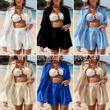 亚马逊跨境新款沙滩罩衫套装时尚女装海滩比基尼防晒衣开衫套装