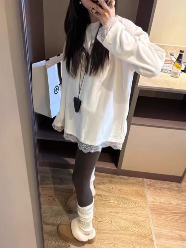 韩系高级感蕾丝花边长袖T恤女秋宽松纯棉打底衫内搭可外穿上衣|undefined