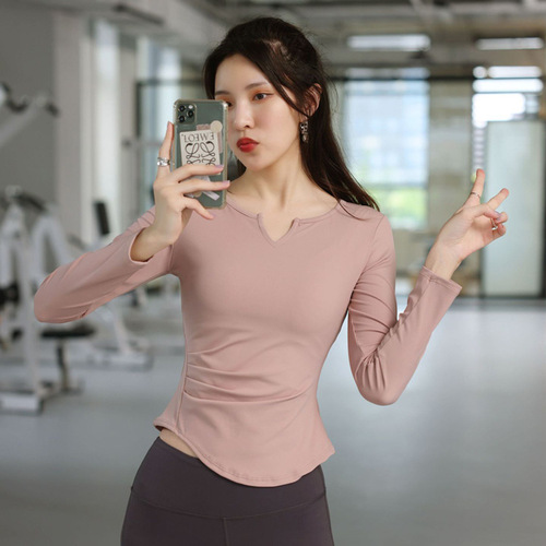 Pure Color Simple V-Neck Tight-Fitting Waist-Clinching Jun You Yun Dong Thin-Fitted Slimming Running Top