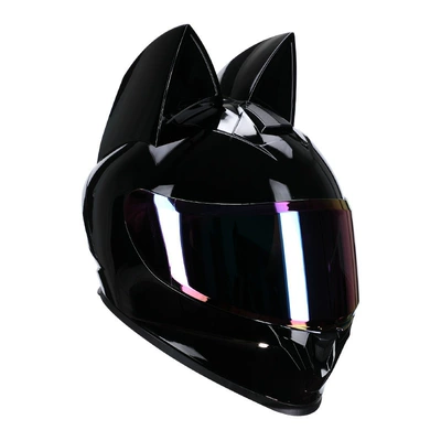 cat-ear electric motorcycle helmet, suitable for — Motosiklet kaskı (dəbilqə) - bright-black-cat-colorful-lenses-s50-53cm