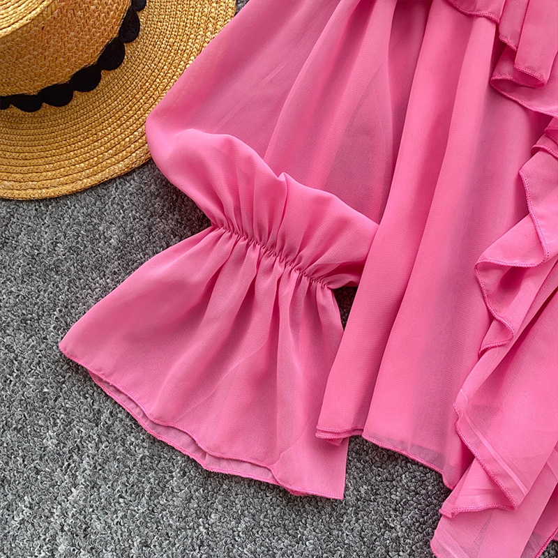 Summer Elegant Lazy Style Socialite Ruffled Trim Flared Sleeve Chiffon Blouse Loose Shirt Women's Clothing Tops_ecoleips.com