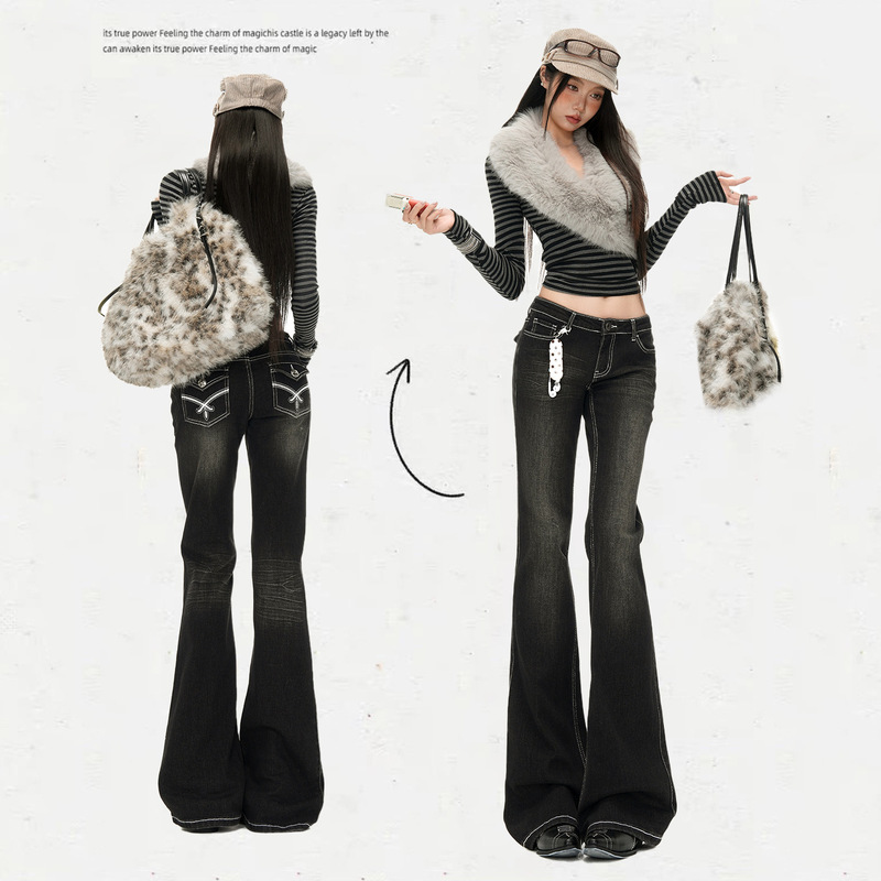 YECHUAN # Black and gray low-waist flared jeans for women, 2026 autumn American retro style, petite flared pants for trendy girls YECHUAN # Black and gray low-waist flared jeans for women, 2026 autumn American retro style, petite flared pants for trendy girls