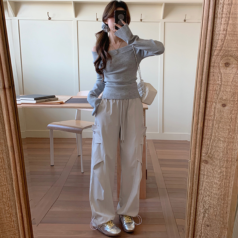2026 Spring and Autumn Retro High-Waisted Drawstring Cargo Pants for Women, Loose Elastic Waist Slimming Floor-Length Straight Wide-Leg Casual Pants