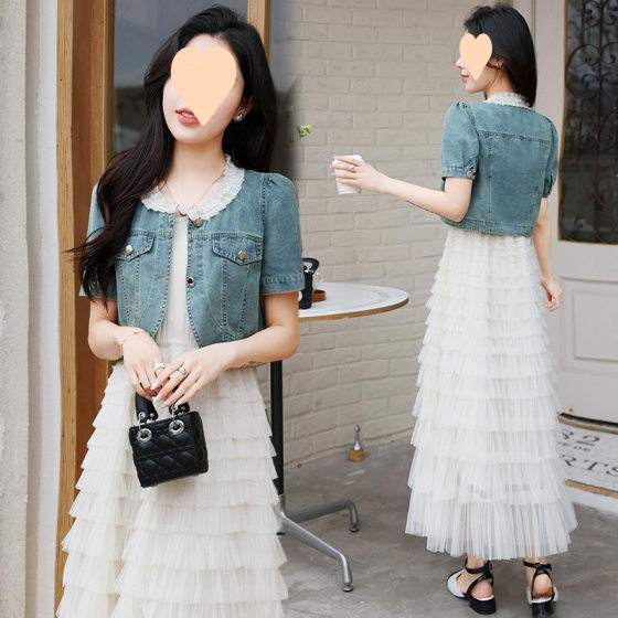French Style Light Mature dress suit Women's Fashionable Denim Jacket Mid-length Elegant Sling dress Two-piece