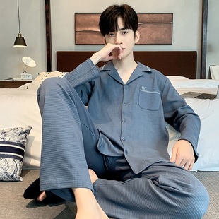Waffle pajamas men's spring and autumn cardigan long sleeve youth winter plus size outerwear homewear suit