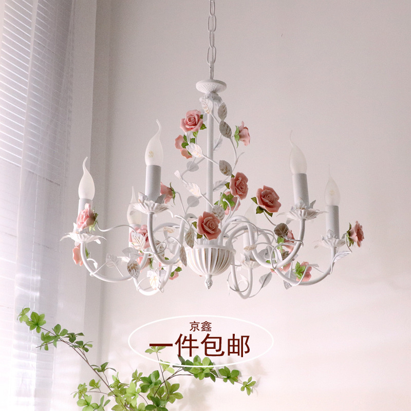 French Cream Candle Rose Chandelier Simple Rustic Bedroom Romantic Floral Warm Living Room Lamp Vintage Ceramic Lamp