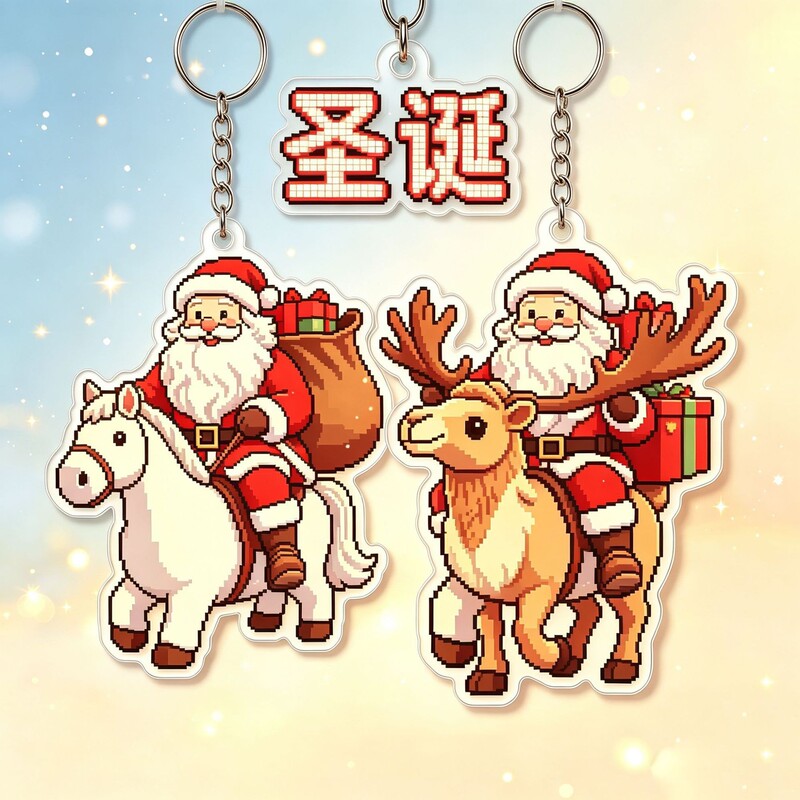Pixel-style Christmas Santa Claus bead acrylic keychain Christmas tree decoration pendant backpack accessory