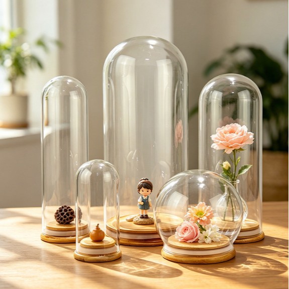 Cúpula de Vidrio con Base de Bambú de Vidrio de Borosilicato y Bambú Sellado, Antipolvo para Flores Secas y Manualidades