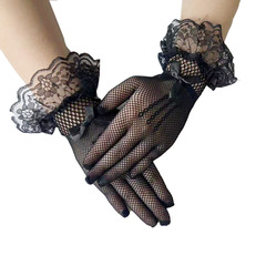 Bride's Full Fishing Net Lace Edge Gloves, Wedding Dress Etiquette Performance Fashion Sexy Bowknot Mesh Gloves