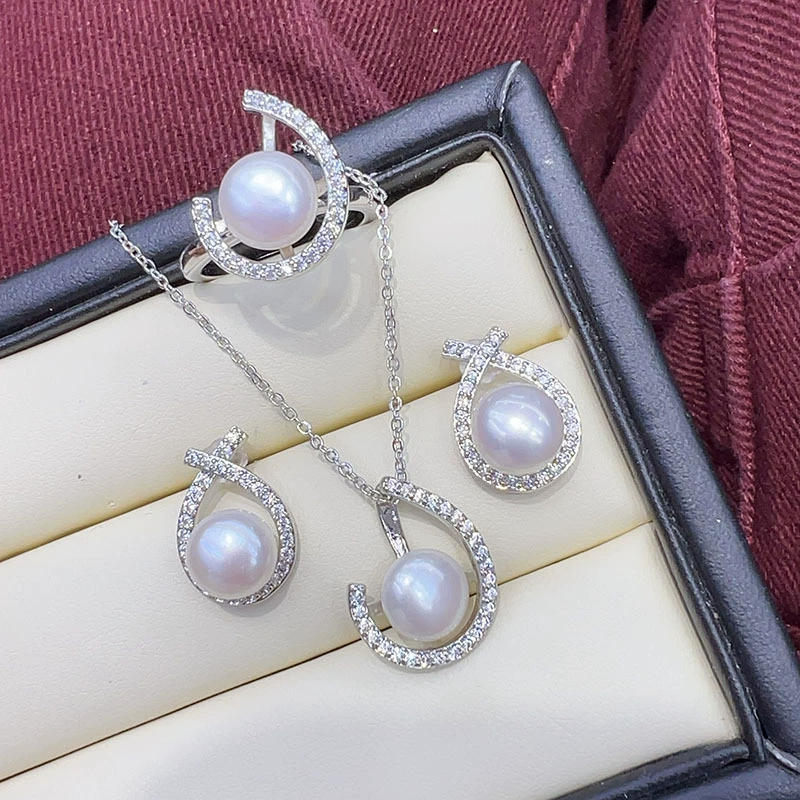 повседневный и модный комплект из трех предметов, кулон из настоящего пресноводного жемчуга, серьги и кольцо