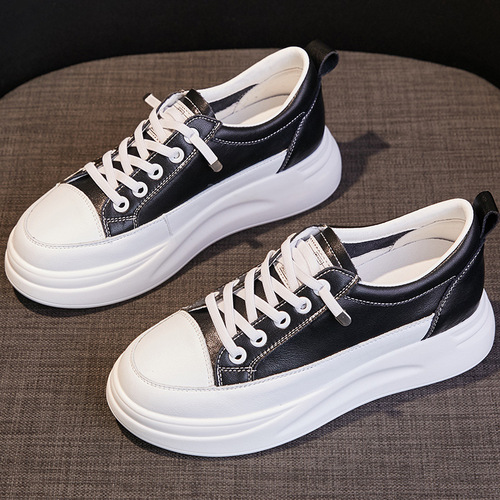 Jiji New White Shoes Genuine Leather Women's Casual Women's Shoes Breathable Mesh Shoes Mid-Heel Casual Women's Shoes Korean Style Shoes
