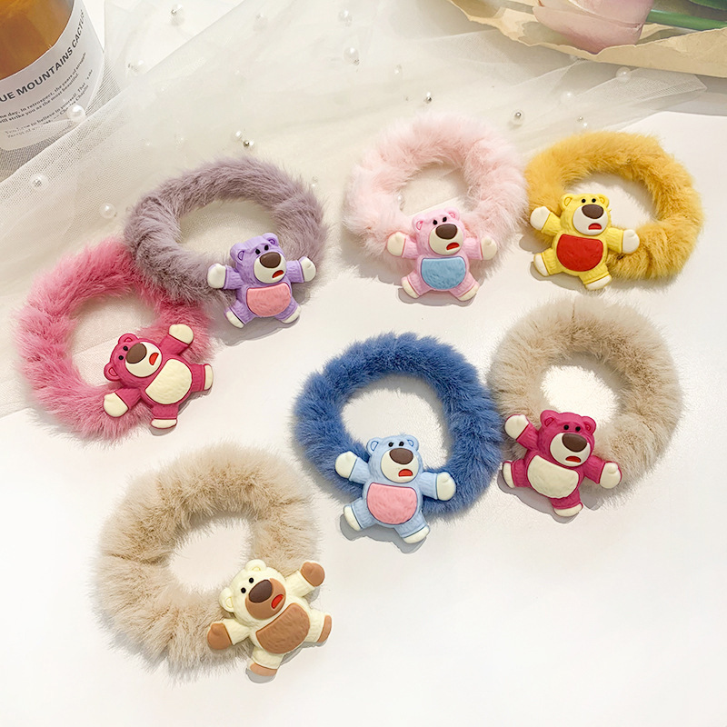 Estilo coreano Internet celebridad pelo lazo banda de goma Linda cuerda de pelo peluda para las mujeres Oso de fresa banda de pelo de felpa color caramelo cuerda de pelo dulce